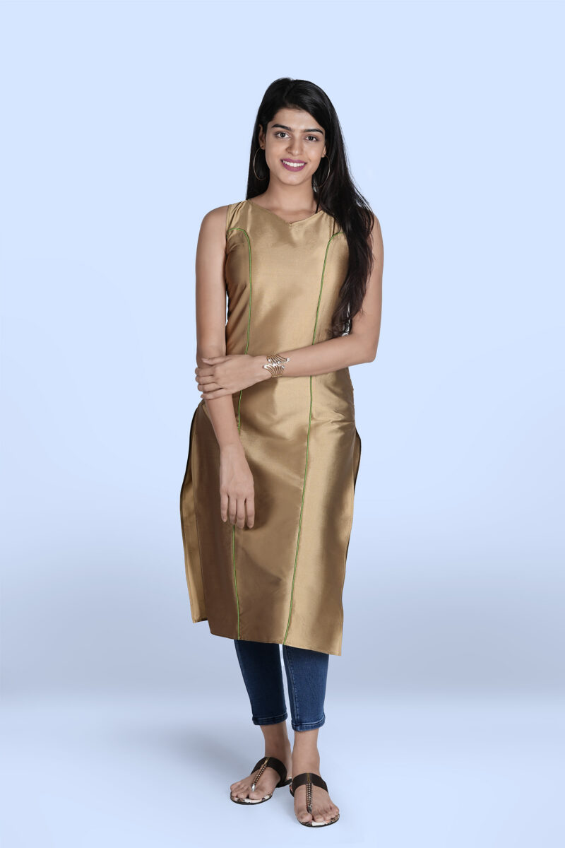 Golden Sleeveless Kurta with Green Piping - Front View