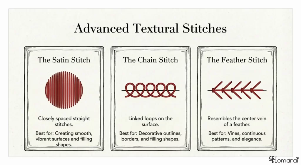 Advanced textural stitches: Satin, Chain, and Feather.