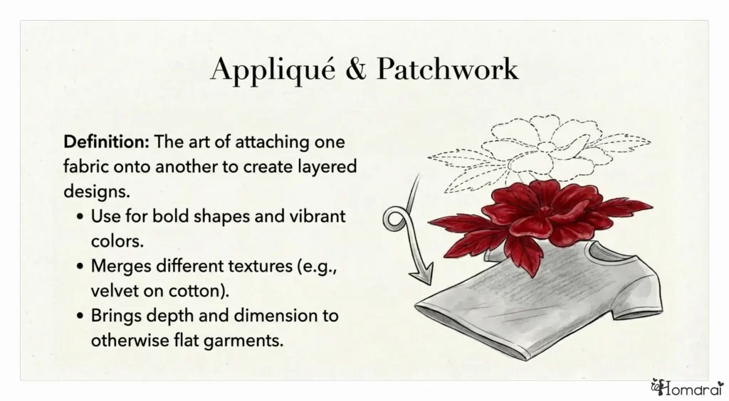 Guide to appliqué and patchwork for layered textile art.