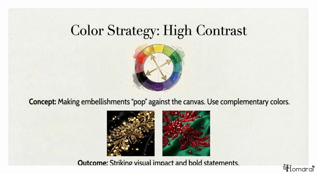High-contrast color strategy using complementary shades.	