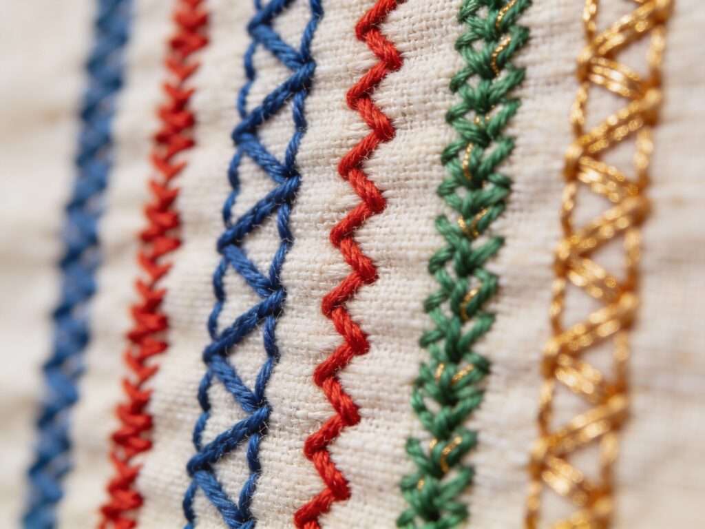 Brother GS3750WT decorative stitches and zigzag stitch samples on different fabric types for tailoring projects