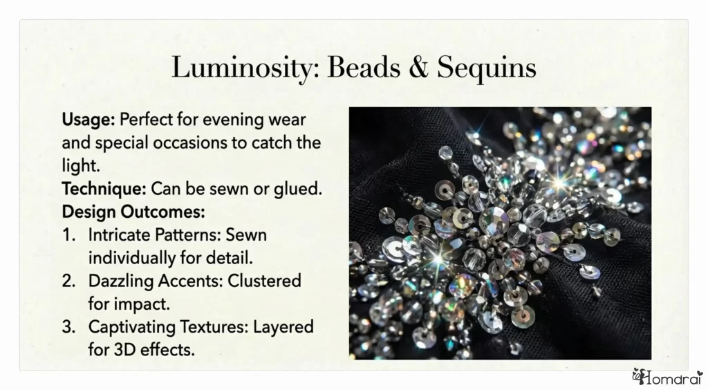 Application of beads and sequins for 3D textural effects.