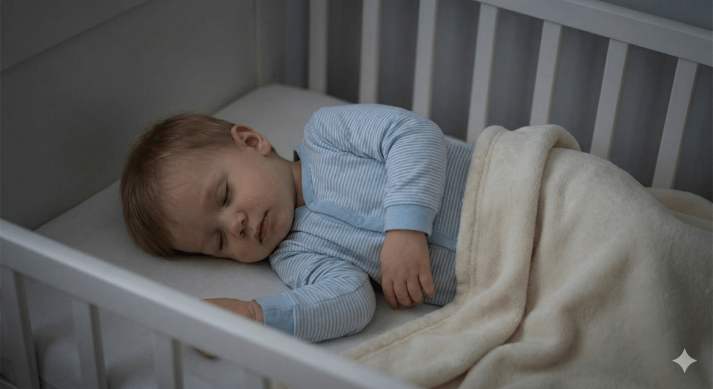 Toddler clothing trends 2026 with gender-neutral overalls and a striped t-shirt in soft pastel colors