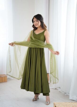 Garden Green Anarkali with Pants and Net Dupatta
