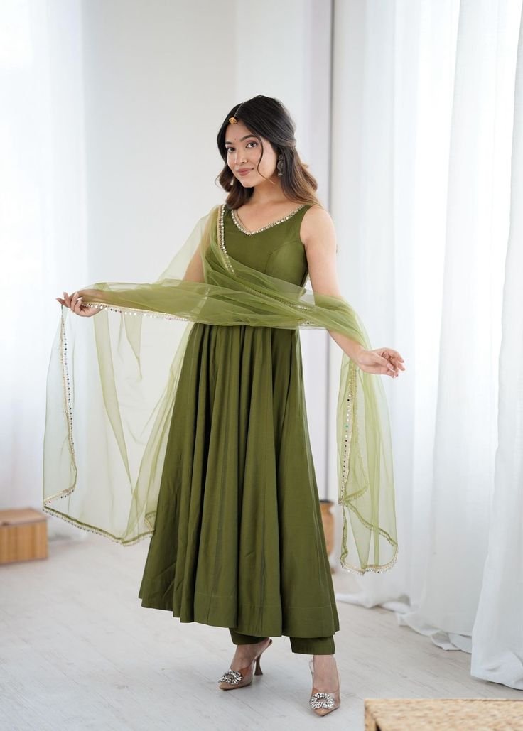 Garden Green Anarkali with Pants and Net Dupatta